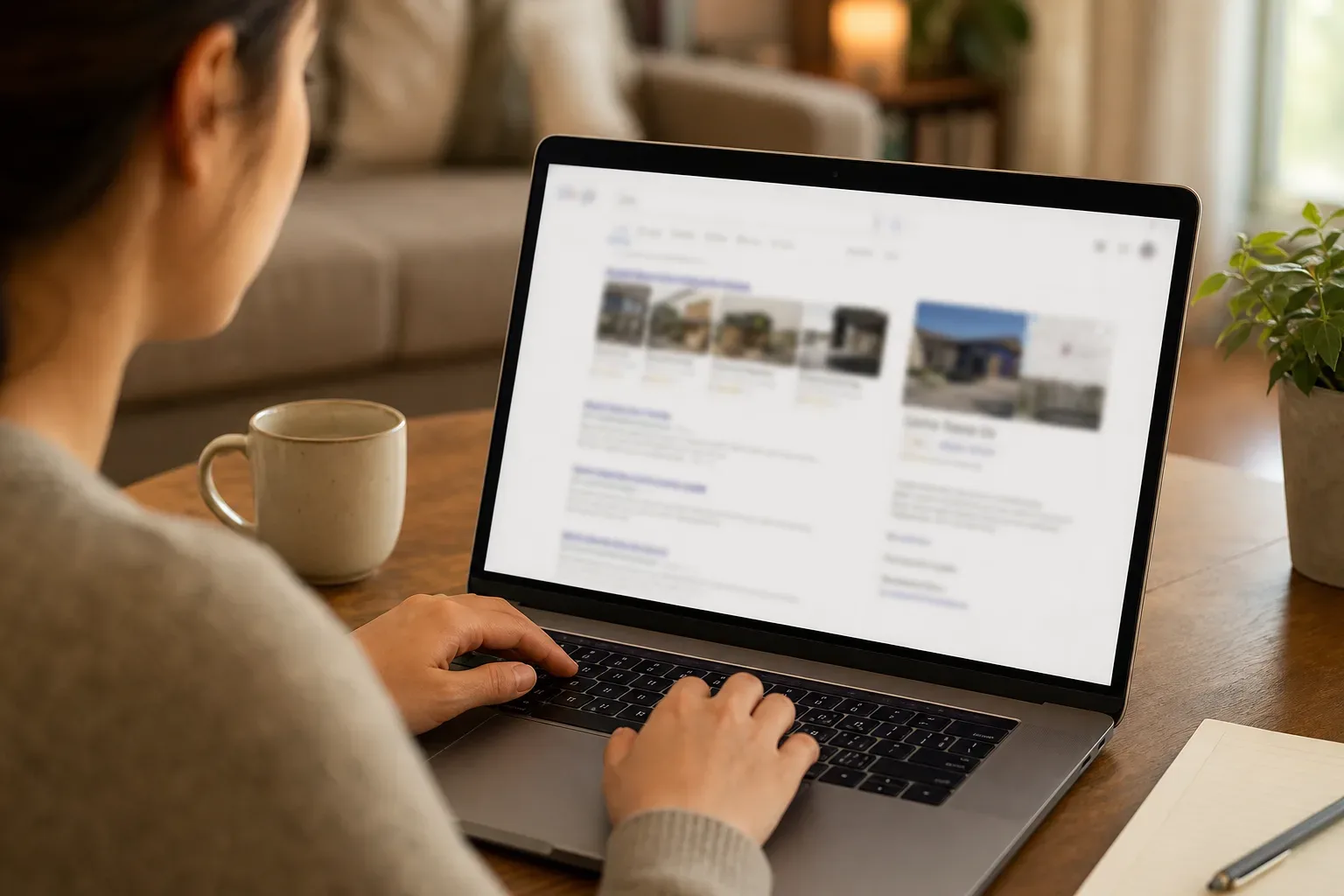 A laptop screen showing a search engine results page with a business listing ranked at the top