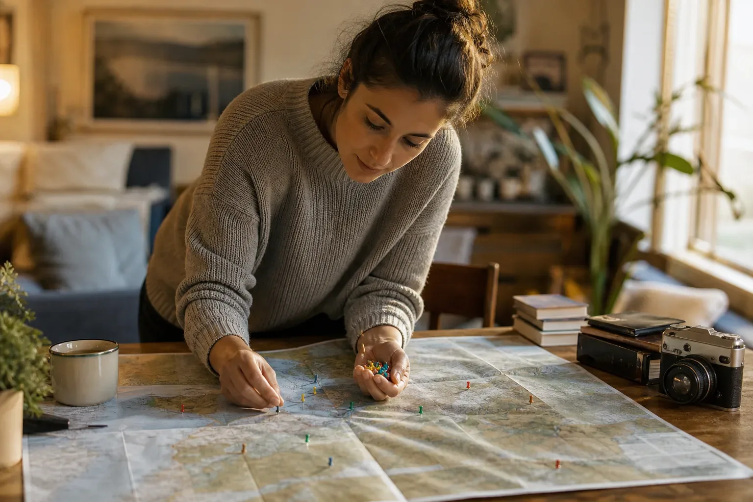 A person placing pins on a printed regional map spread across a table